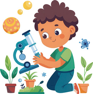孩子专注探索植物与科学显微镜