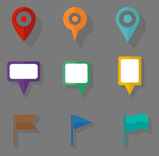 多彩地图标记与旗帜图标