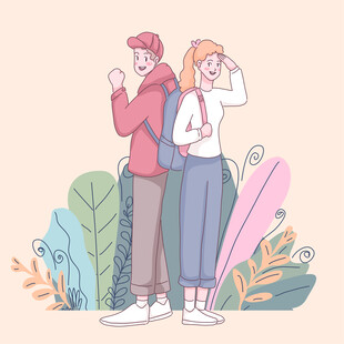 漫步的情侣与绿植相伴