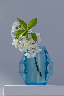 蓝色花瓶插白色花枝