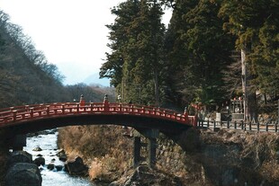 日本红桥横跨溪流美景