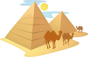 沙漠中的金字塔与骆驼队