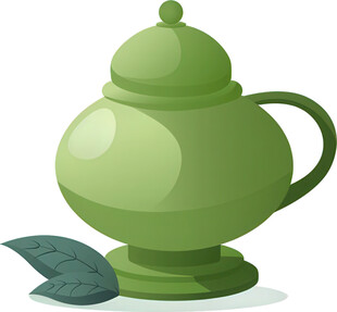 绿色茶壶与茶叶插画