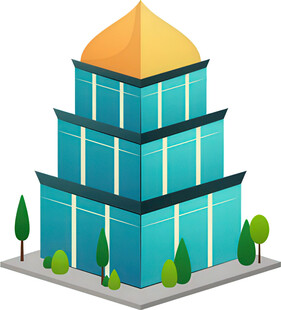 蓝色多层建筑与绿植景观