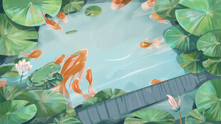 池塘锦鲤嬉戏于莲叶间