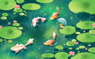 池塘锦鲤游弋于荷叶间