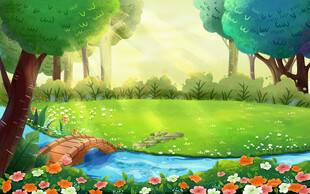 阳光照耀下的美丽溪边花园