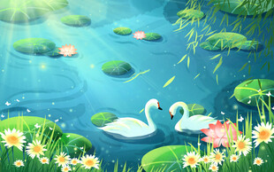 湖畔天鹅与睡莲的梦幻景致