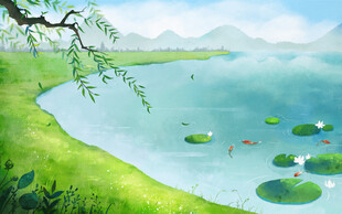 湖畔绿意盎然的水上风光