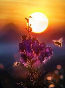 夕阳下蜜蜂采蜜