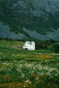 山间绿野中的白色小屋