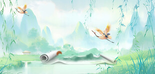 春日湖景飞鸟图