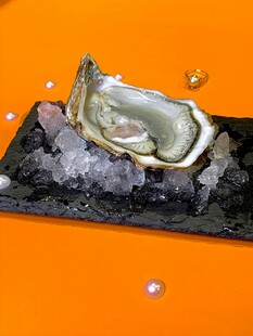 冰鲜生蚝摆放在黑色托盘上