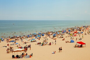 热闹的海滨沙滩度假场景