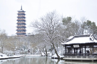雪中古塔与亭台美景