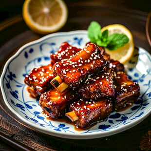 美味糖醋排骨摆于蓝白盘