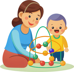 母亲陪孩子玩彩色玩具架