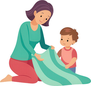 母亲与孩子一起叠毯子