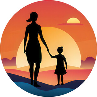 夕阳下母女牵手漫步