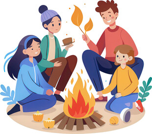 围坐篝火旁的欢乐聚会