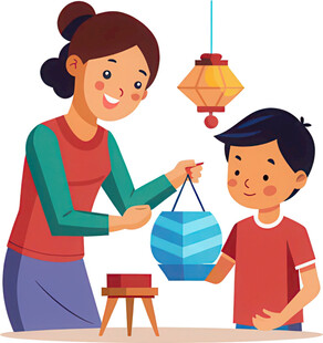 母子共制灯笼享温馨时光