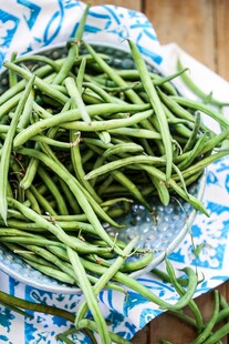 新鲜长豆角置于蓝白花布上