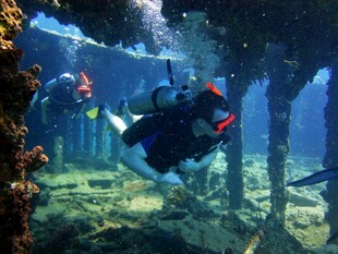 潜水员探索水下废弃建筑
