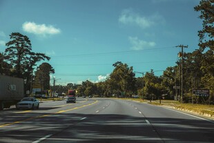 宽阔公路旁绿树成荫