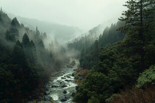 雾中幽林溪流美景
