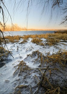 冬日河畔冰雪覆盖景象