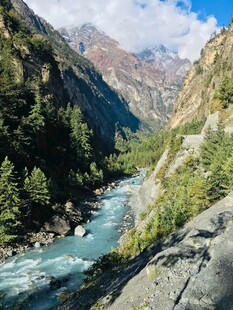 山间蓝河伴葱郁林木