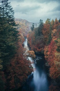 秋日山林中的壮美瀑布
