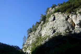 陡峭山壁绿意点缀