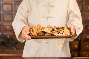 中医手持托盘展示各类药材