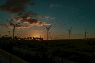 夕阳下的风力发电机组