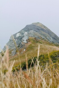 山间草景中的巍峨山峰