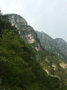 青山绿树环绕的巍峨山峰