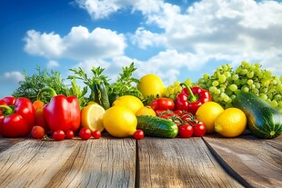 多彩新鲜蔬果摆于木桌