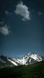 壮丽雪山与蓝天绿树景观