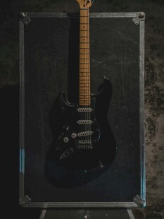 黑色电吉他置于琴箱中