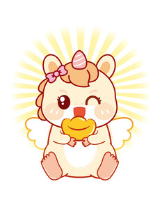 翅膀小马儿抱金元宝卡通图片插画