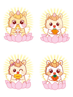 小马儿坐莲花抱元宝卡通插画图像