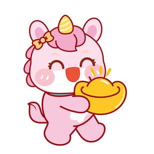 粉色小马儿抱元宝卡通插画图片