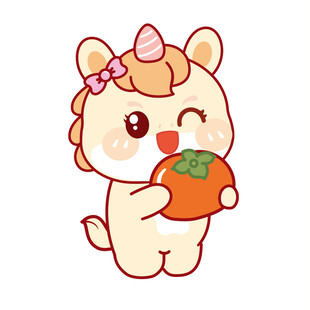 马宝宝抱柿子眨眼卡通插画图片