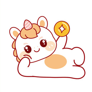 小马儿躺着举金币卡通插画图片