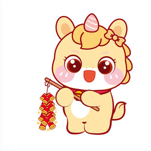 拿鞭炮的黄色可爱小马插画图片