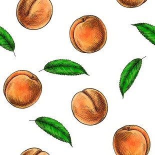 手绘桃子与绿叶图案