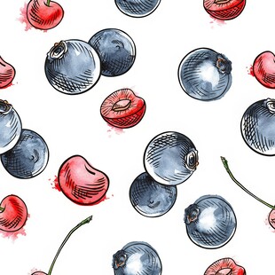 水彩风樱桃蓝莓图案背景