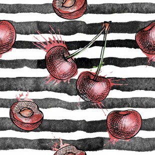 黑白条纹背景上的水彩樱桃