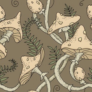 手绘蘑菇与植物图案背景四方连续